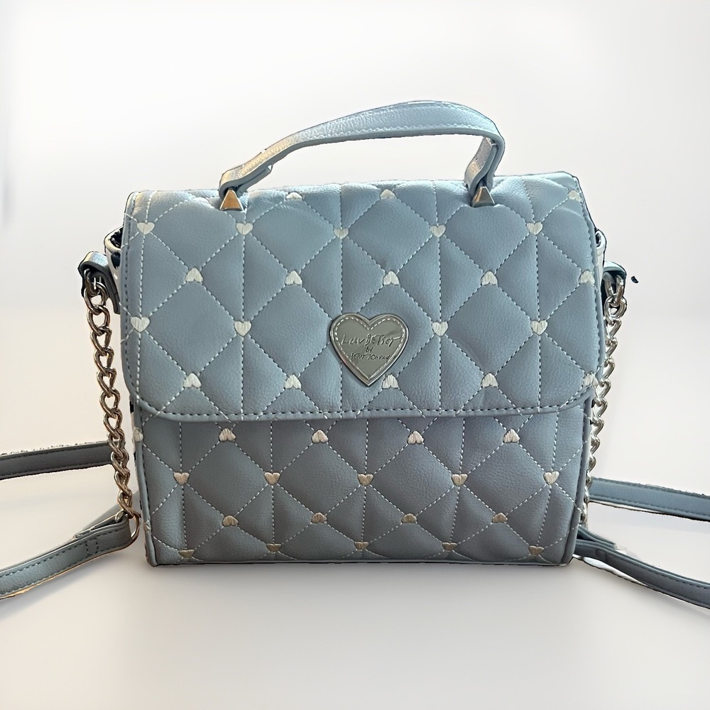 BETSEY JOHNSON Bag Addy Quilted Crossbody Blue And White Hearts With Strap Hand